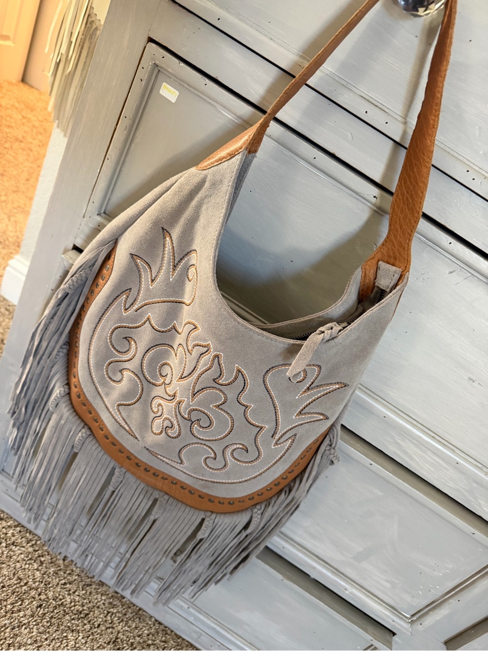 Myra Bag Gray Suede Fringe Shoulder Bag with Tan Trim
